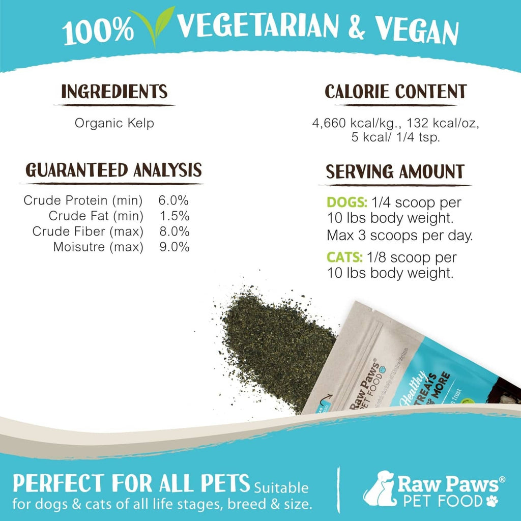 Organic sea kelp supplement label with guaranteed analysis and serving amounts
