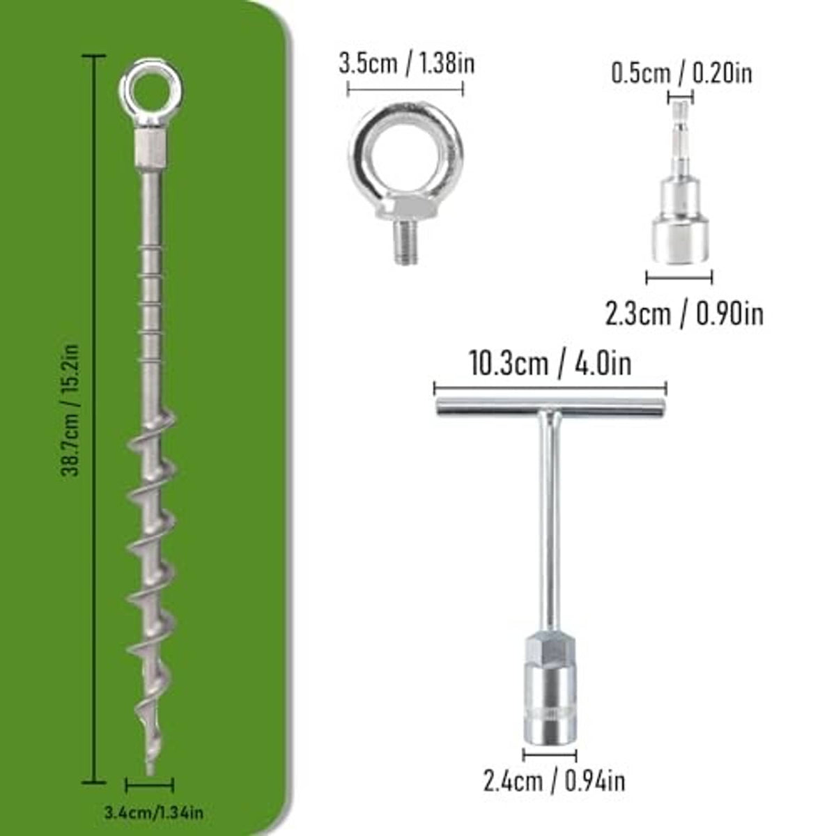 Ground anchor size diagram with eyelet, spiral screw length, and included measuring dimensions