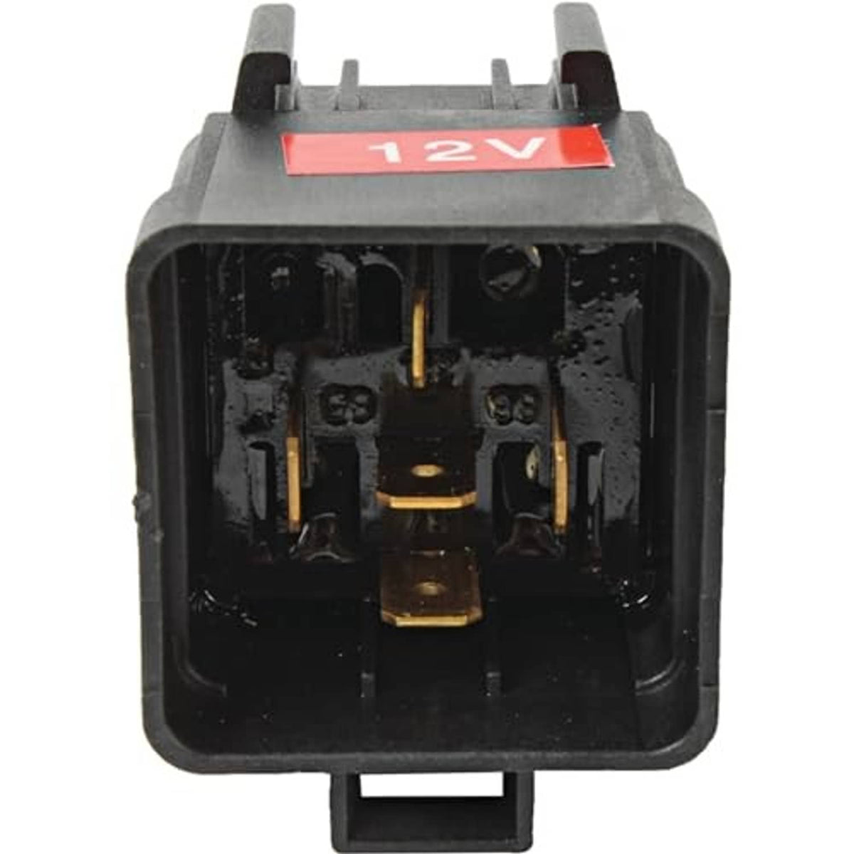 12V relay front view with black plastic case, red 12V marking, and gold terminals
