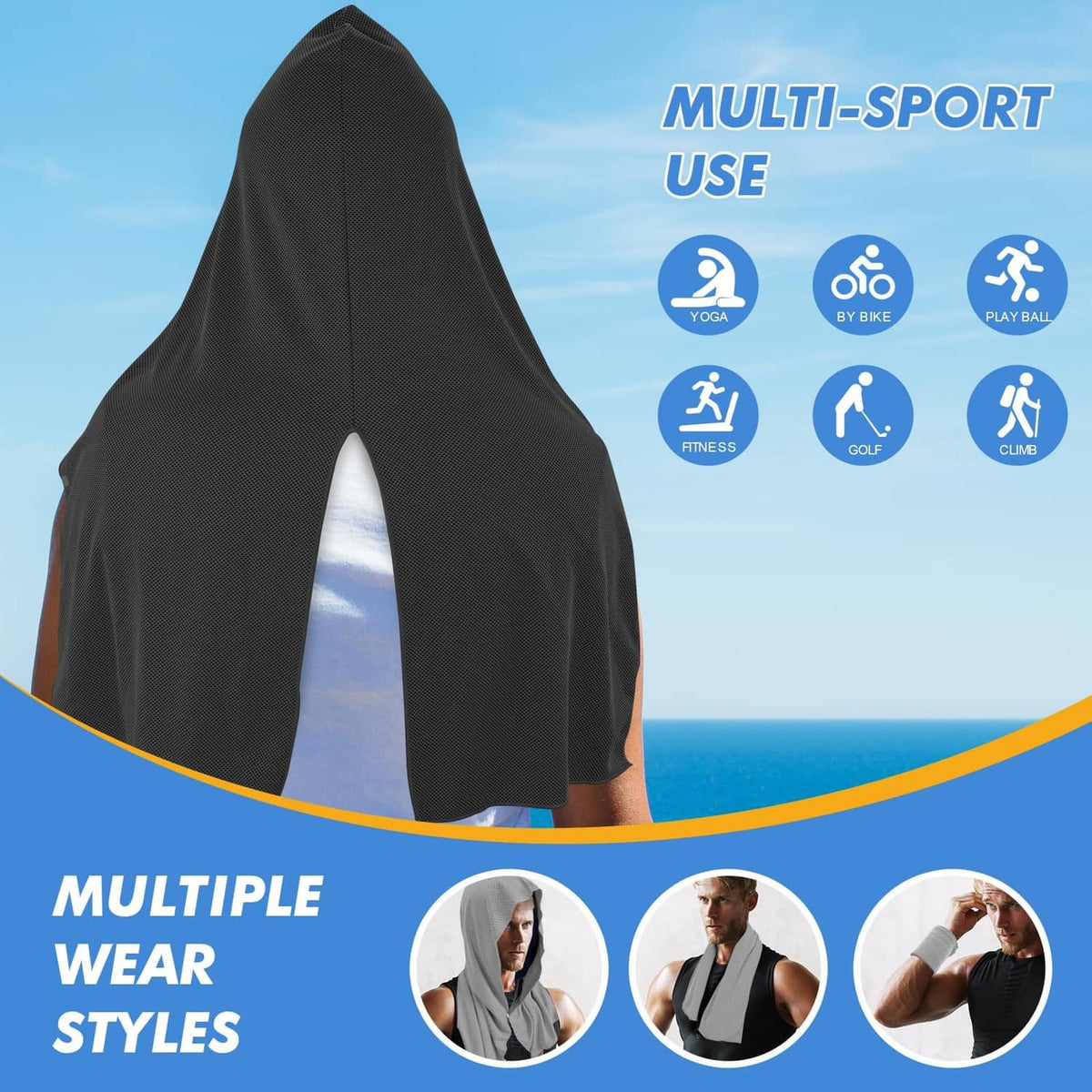 Black hooded cooling hoodie towel cover with snap buttons at the front