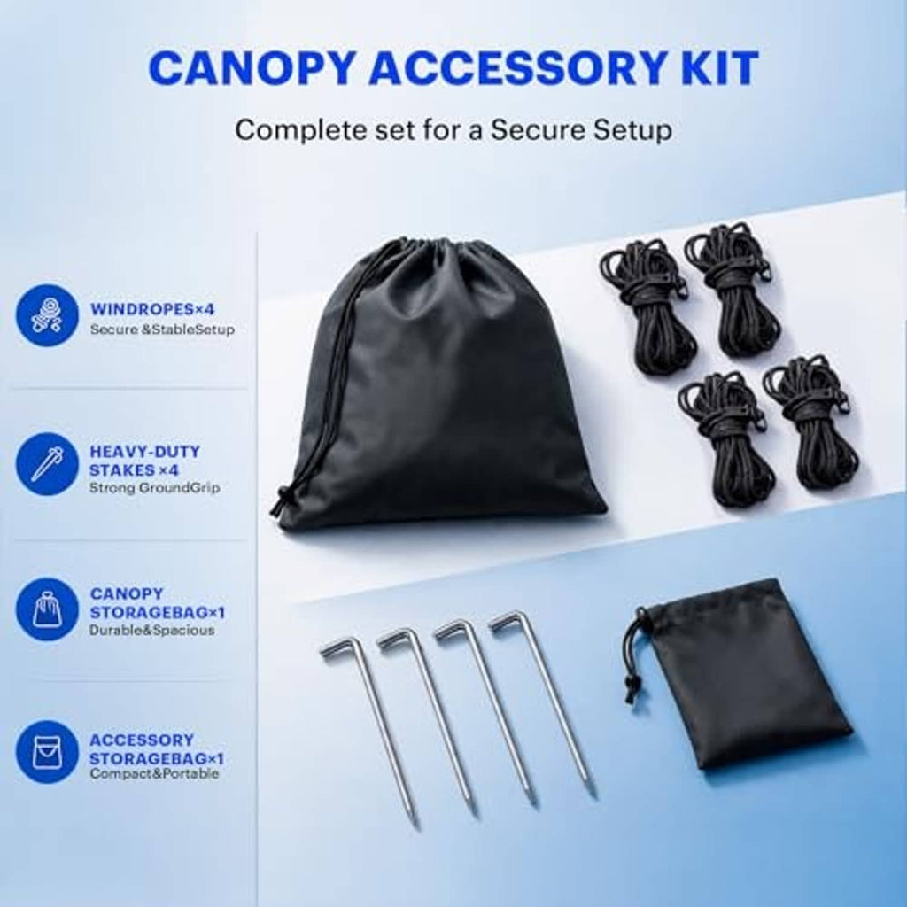 Canopy accessory kit with black stakes, straps, and storage bag