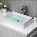 White rectangular bathroom vessel sink with centered drain hole, glossy ceramic basin