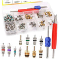 Car A/C valve core accessories kit in clear organizer box with mixed valve cores and tools