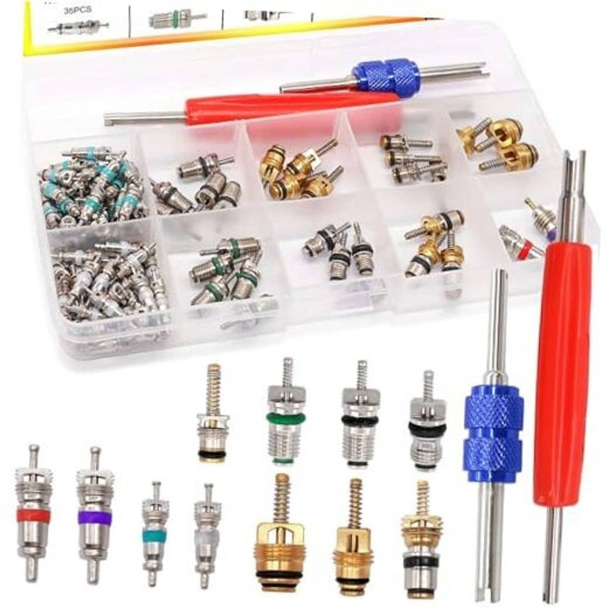 Car A/C valve core accessories kit in clear organizer box with mixed valve cores and tools