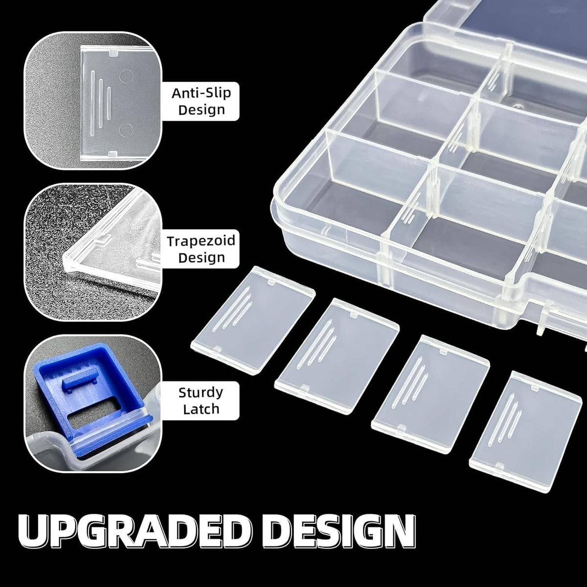 Clear plastic organizer box with blue latch and removable divider plates with textured grip
