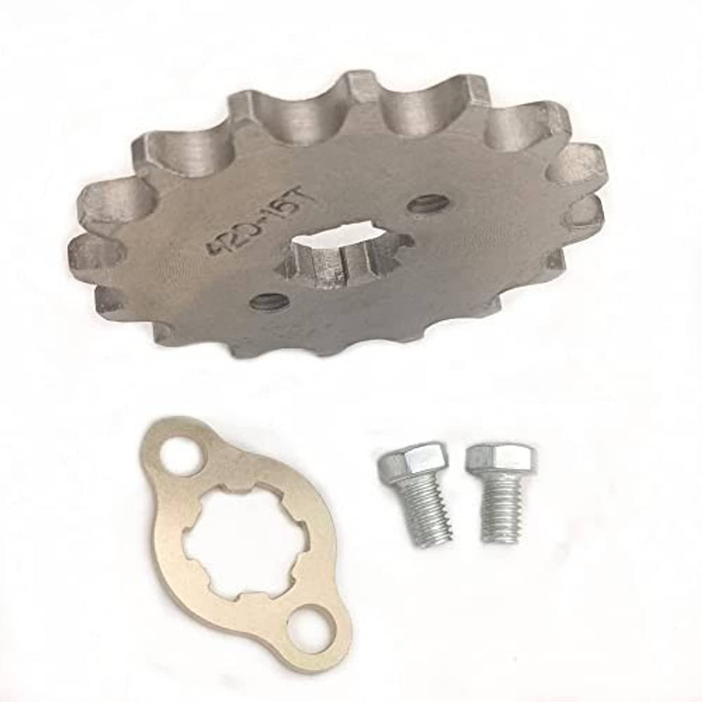 Motorcycle sprocket and mounting plate set with 420-16T marking, plus two screws
