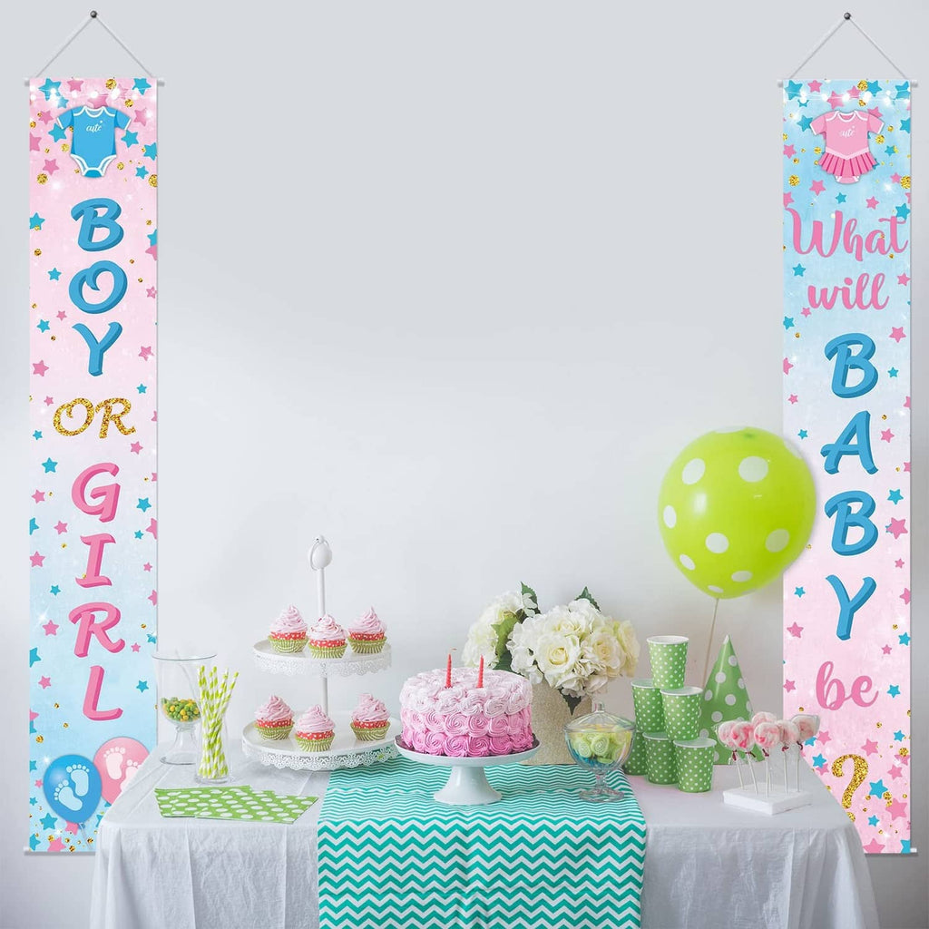 Two gender reveal porch banners with "BOY OR GIRL" and "What will BABY be?"