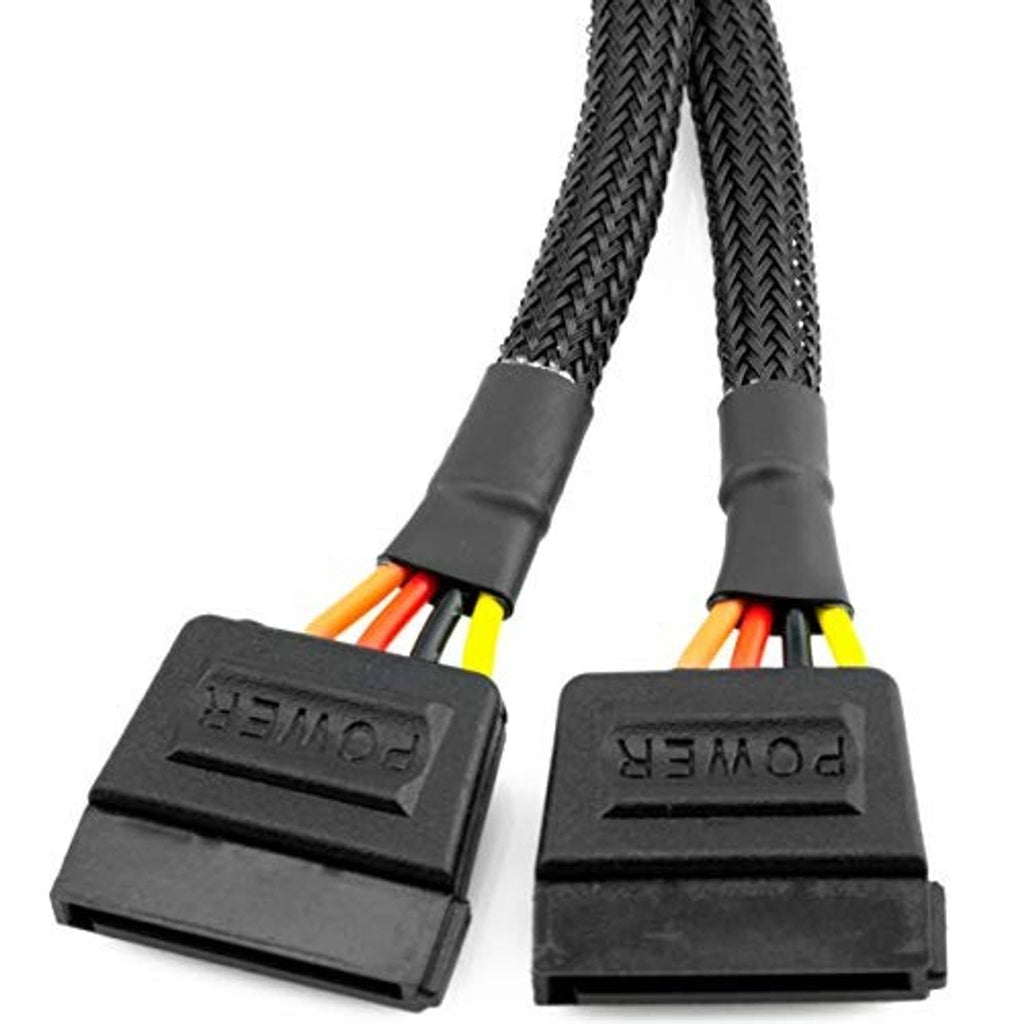 Dual SATA adapter cable with two SATA power plugs labeled and braided black sheathing