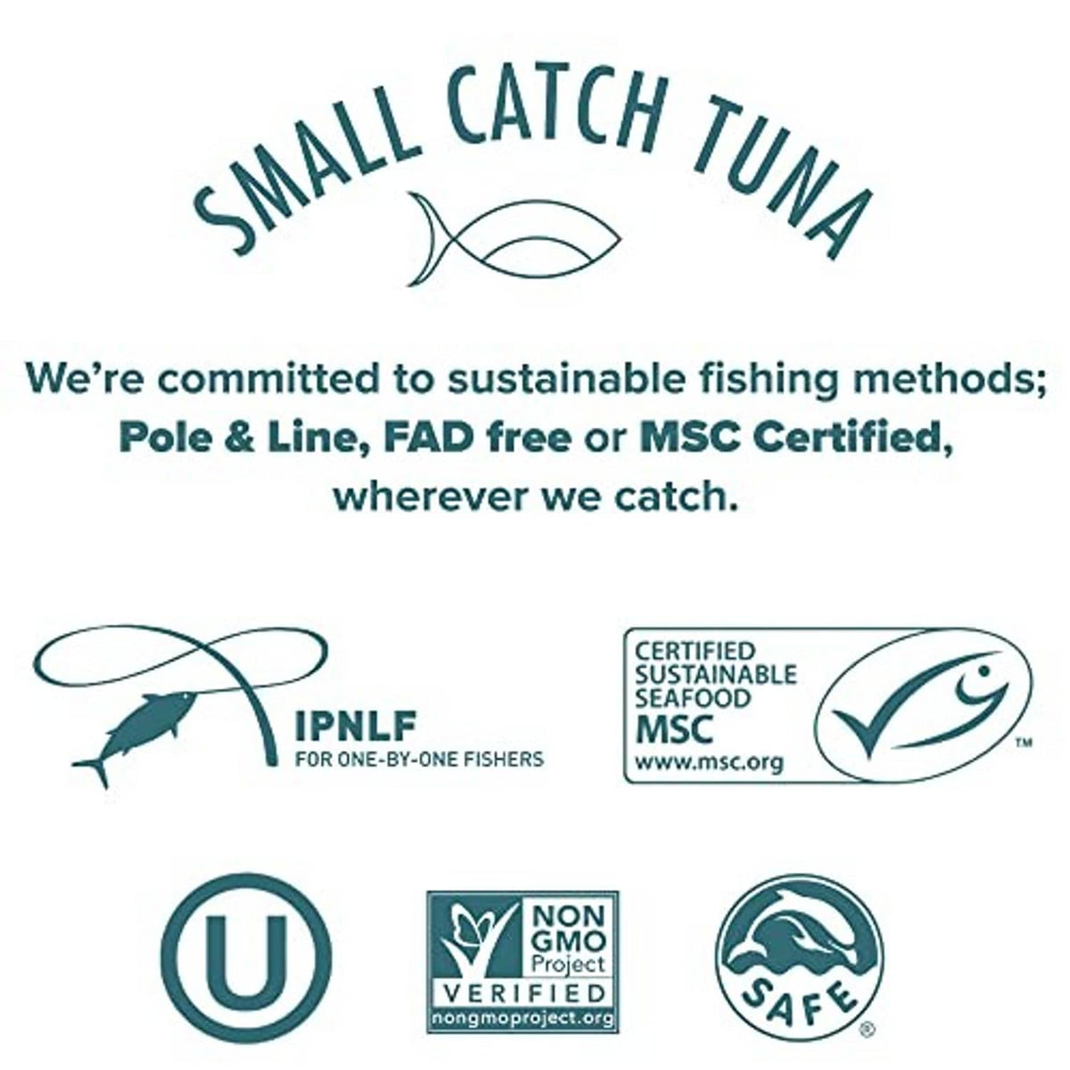 Sustainability and certification icons for small catch tuna, including MSC and Non-GMO