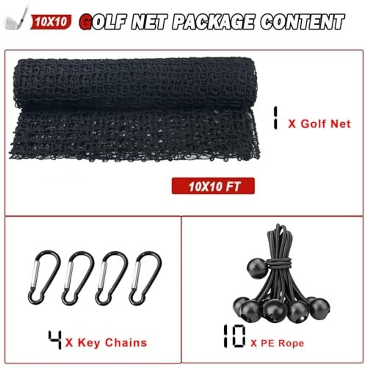 Folded black sports net package with key chains and rope ties included