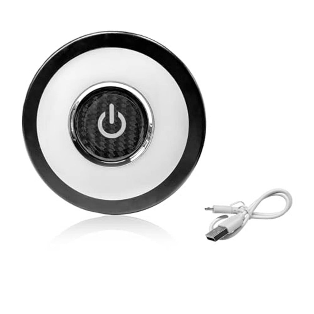 Round LED roof light with black outer ring, central power button, and USB charging cable