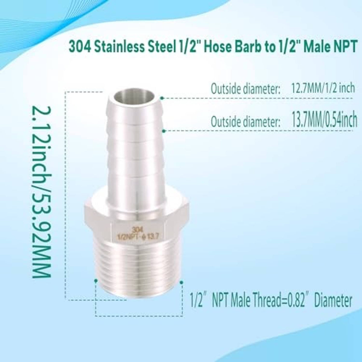 Stainless steel 1/2 in hose barb to 1/2 in male NPT fitting, end-to-end view