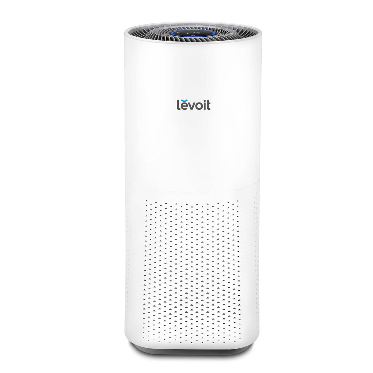 LEVOIT HEPA air purifier, white cylindrical tower with top air outlet and perforated front