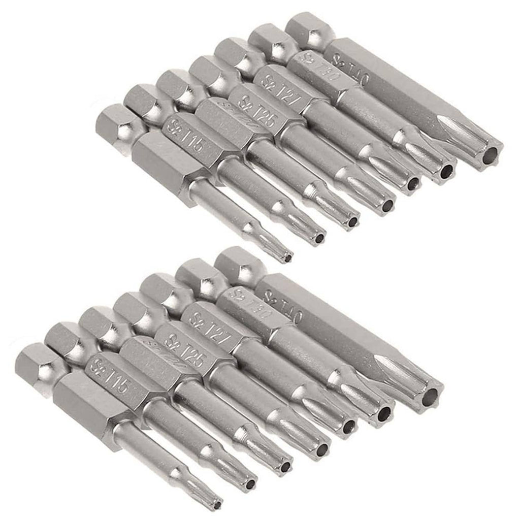 14-piece security Torx bit set, 5-point star tips, metal finish