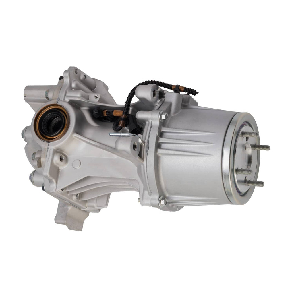 Rear axle differential assembly, angled view with front axle shaft and hose routing