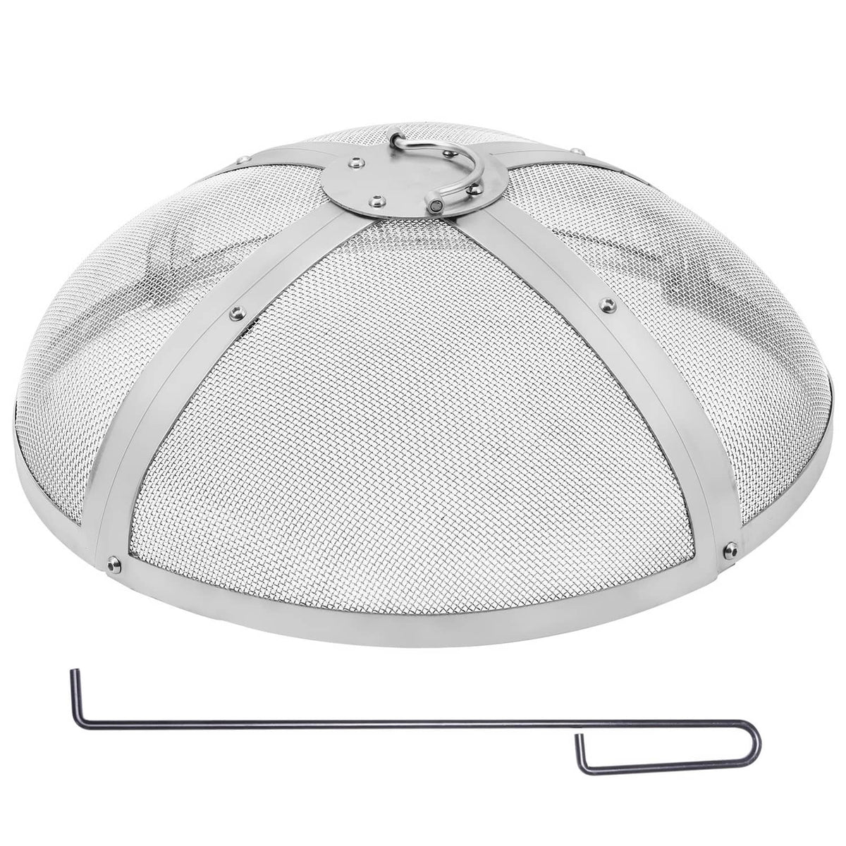 Round stainless steel firepit spark screen cover with mesh dome and folding handle