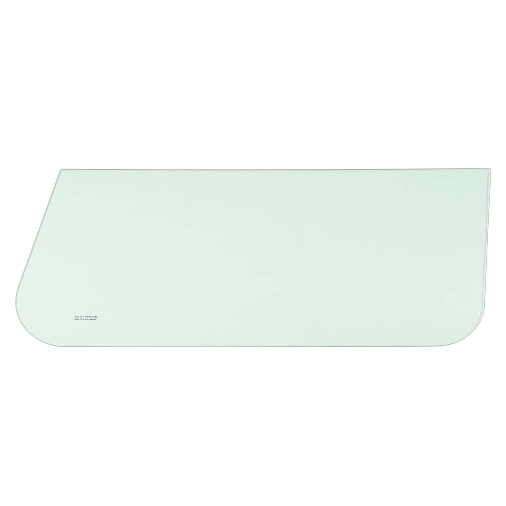 Mint green glass side window panel with rounded lower edge