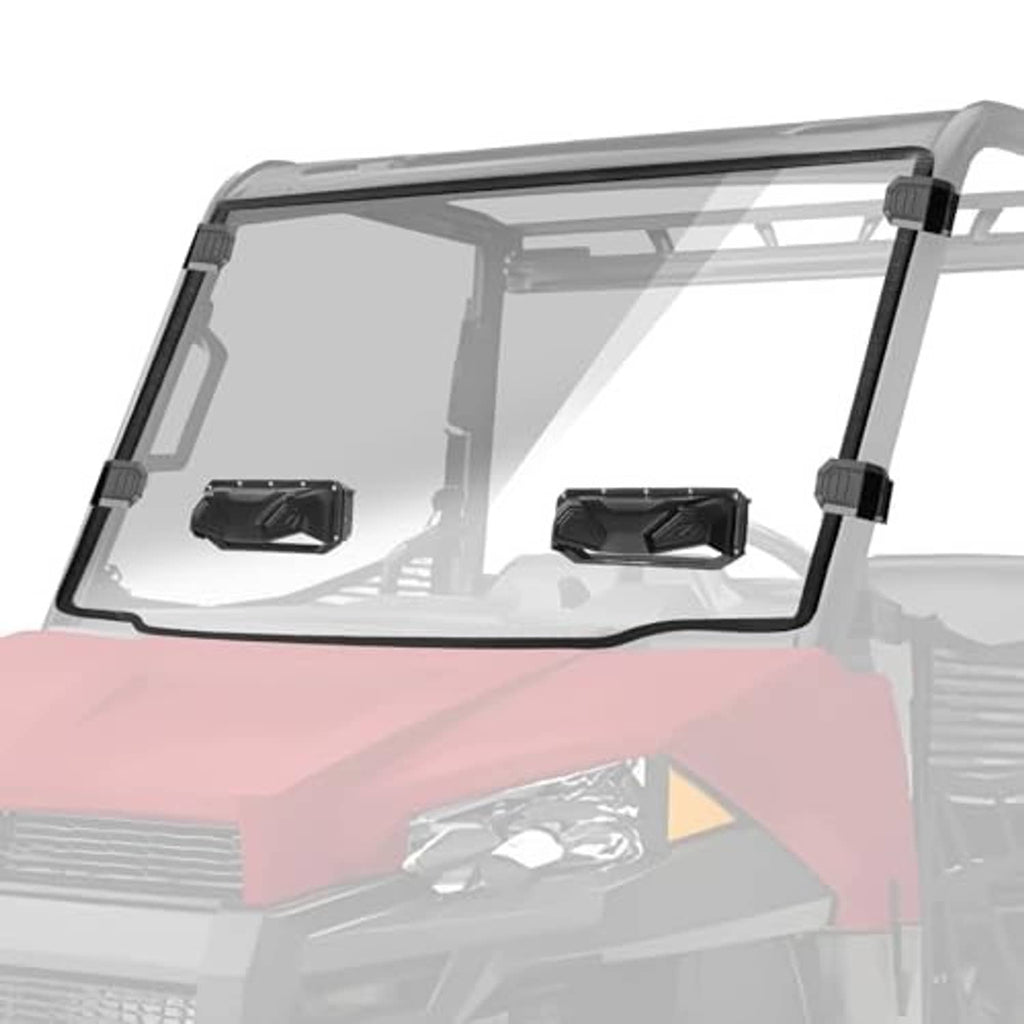 Vented UTV windshield with clear panel, black frame posts, and side vent openings