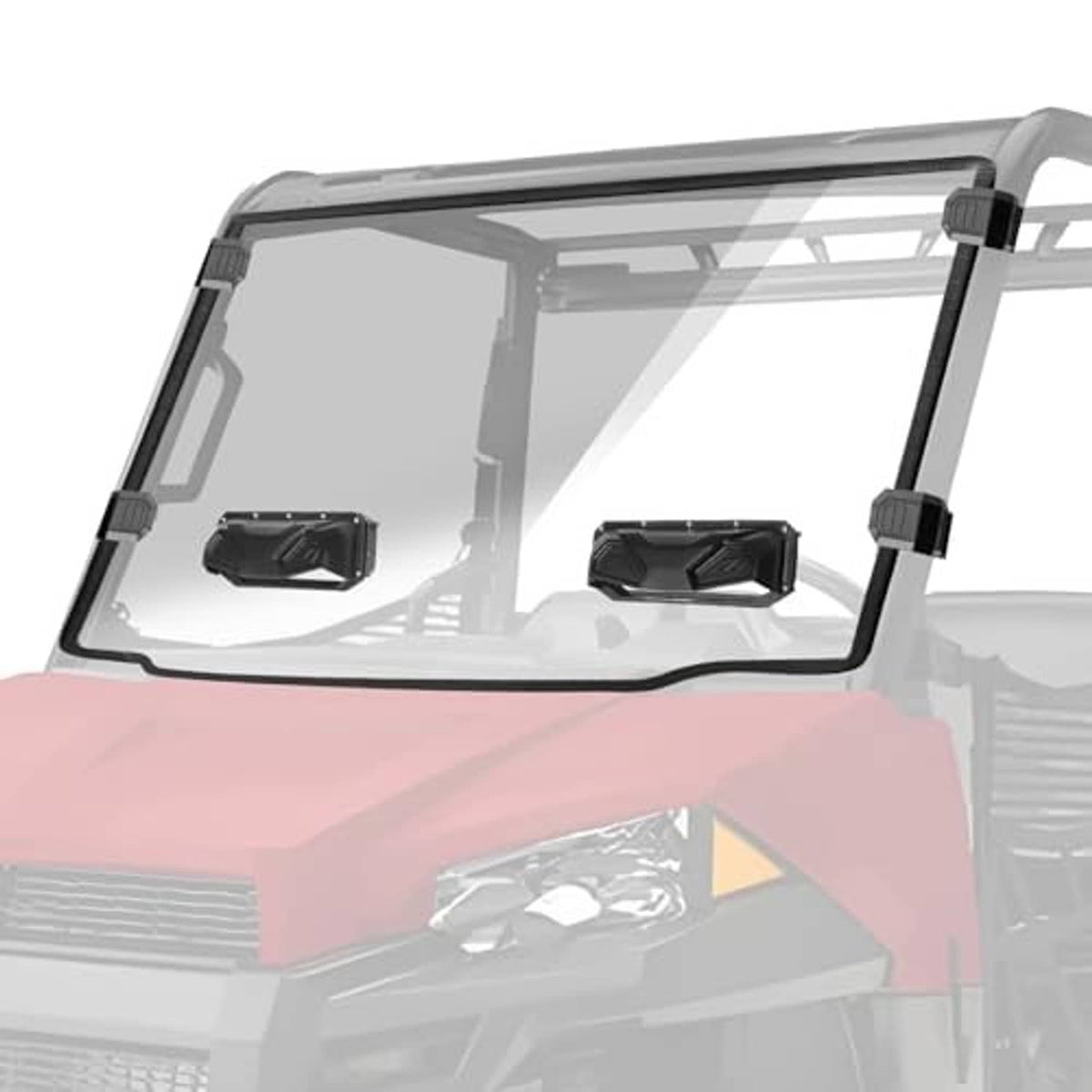 Vented UTV windshield with clear panel, black frame posts, and side vent openings