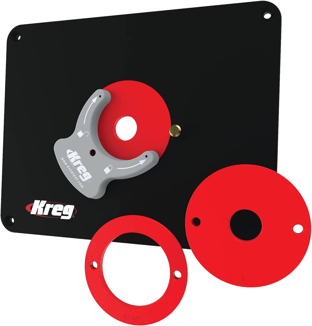 Kreg router table insert plate: black plate with red circular opening insert and mounting rings