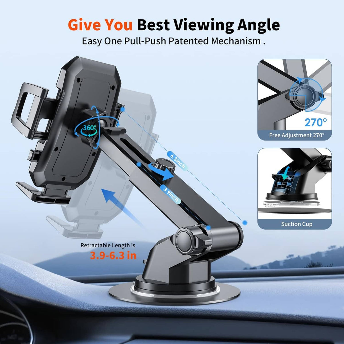Black car phone holder with one-push release and flexible viewing angle arm