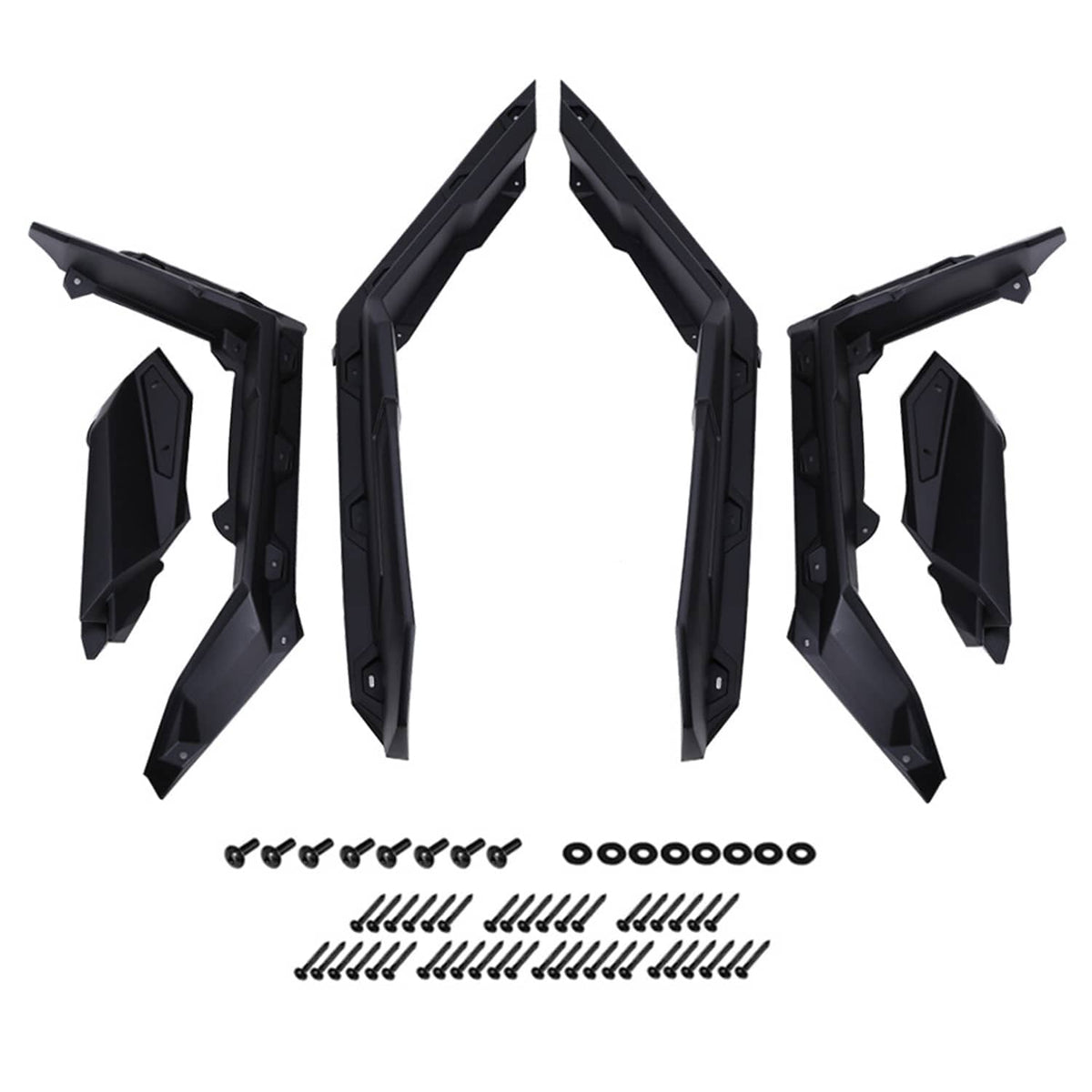 Black extended fender flares kit with brackets and mounting screws