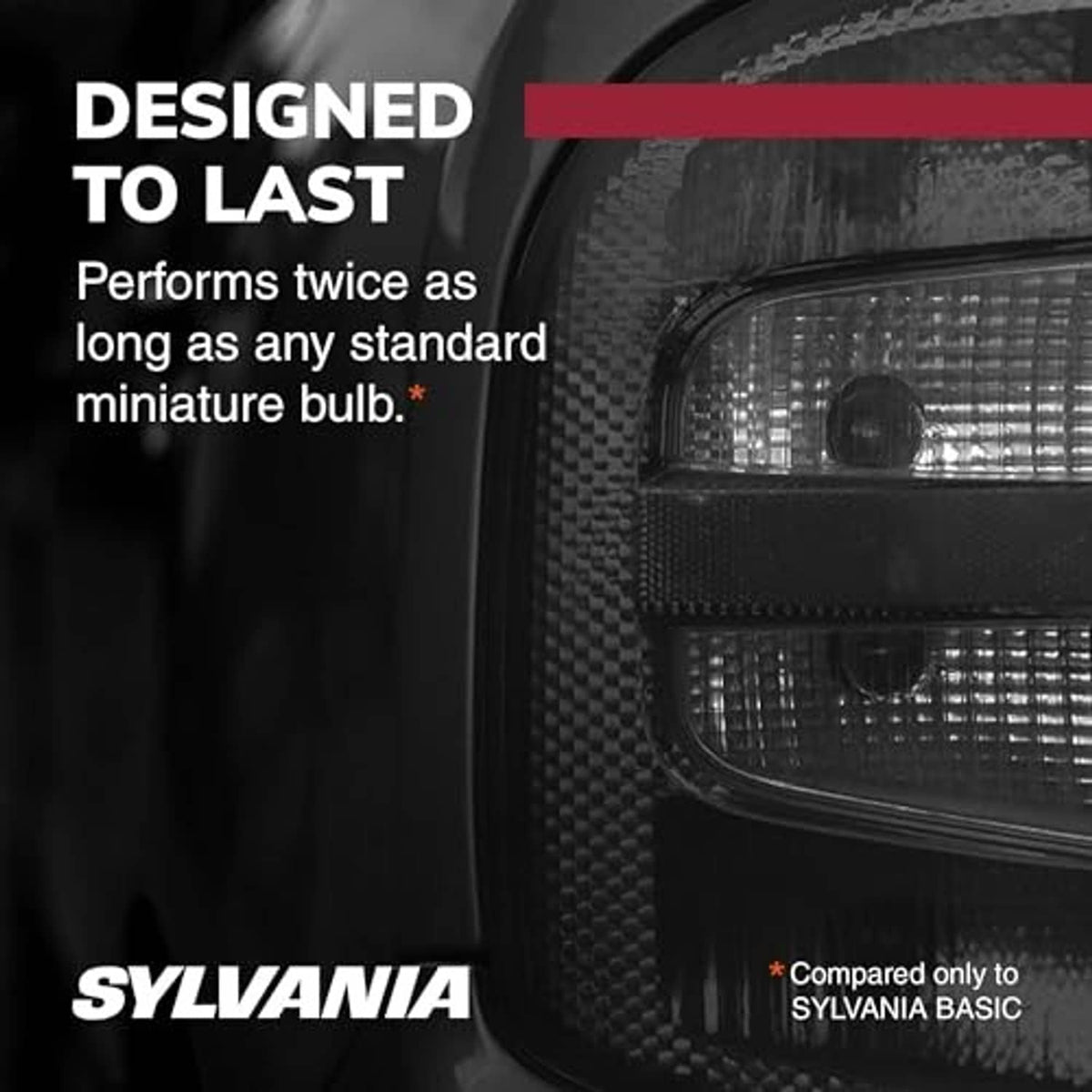 SYLVANIA LongLife miniature bulb shown beside headlight lens in designed-to-last graphic