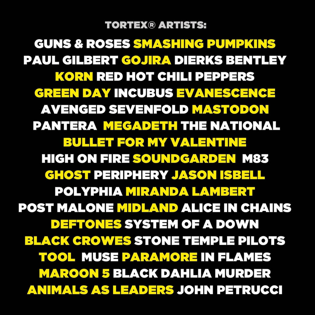 Tortex artists lineup graphic with white and yellow text on dark background.