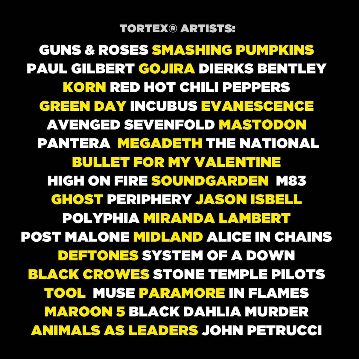 Tortex artists lineup graphic with white and yellow text on dark background.