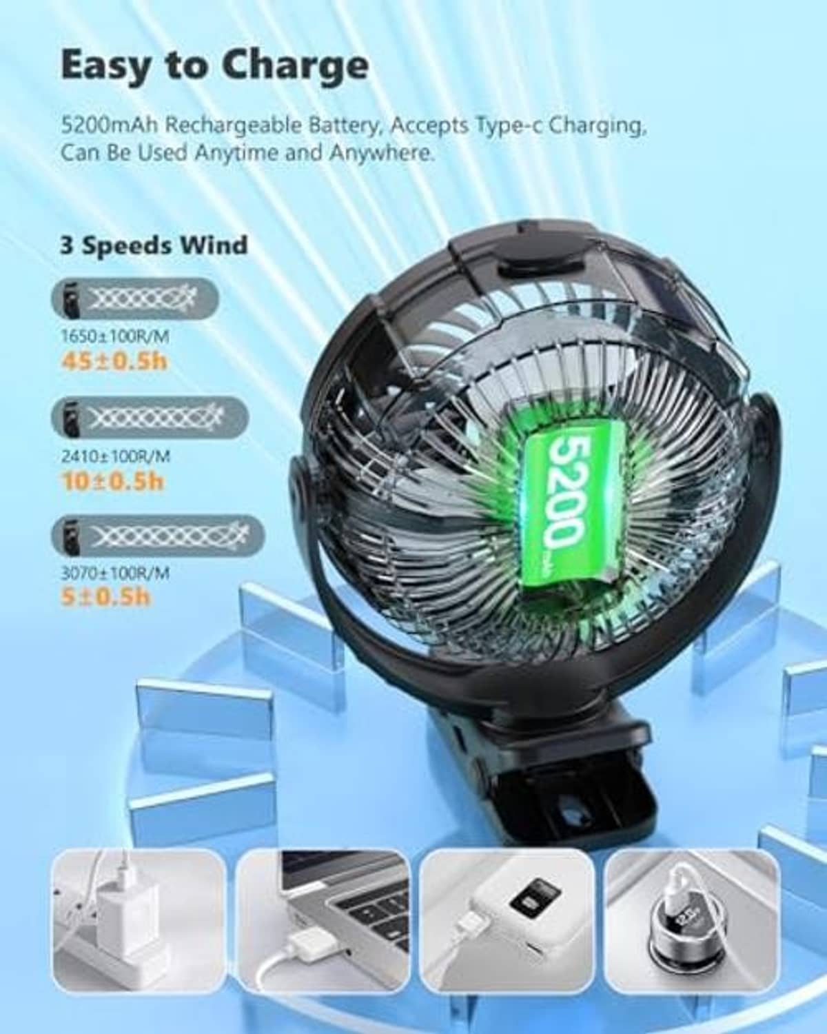 Black misting fan with clip mount, circular grille, and visible inner fan blades