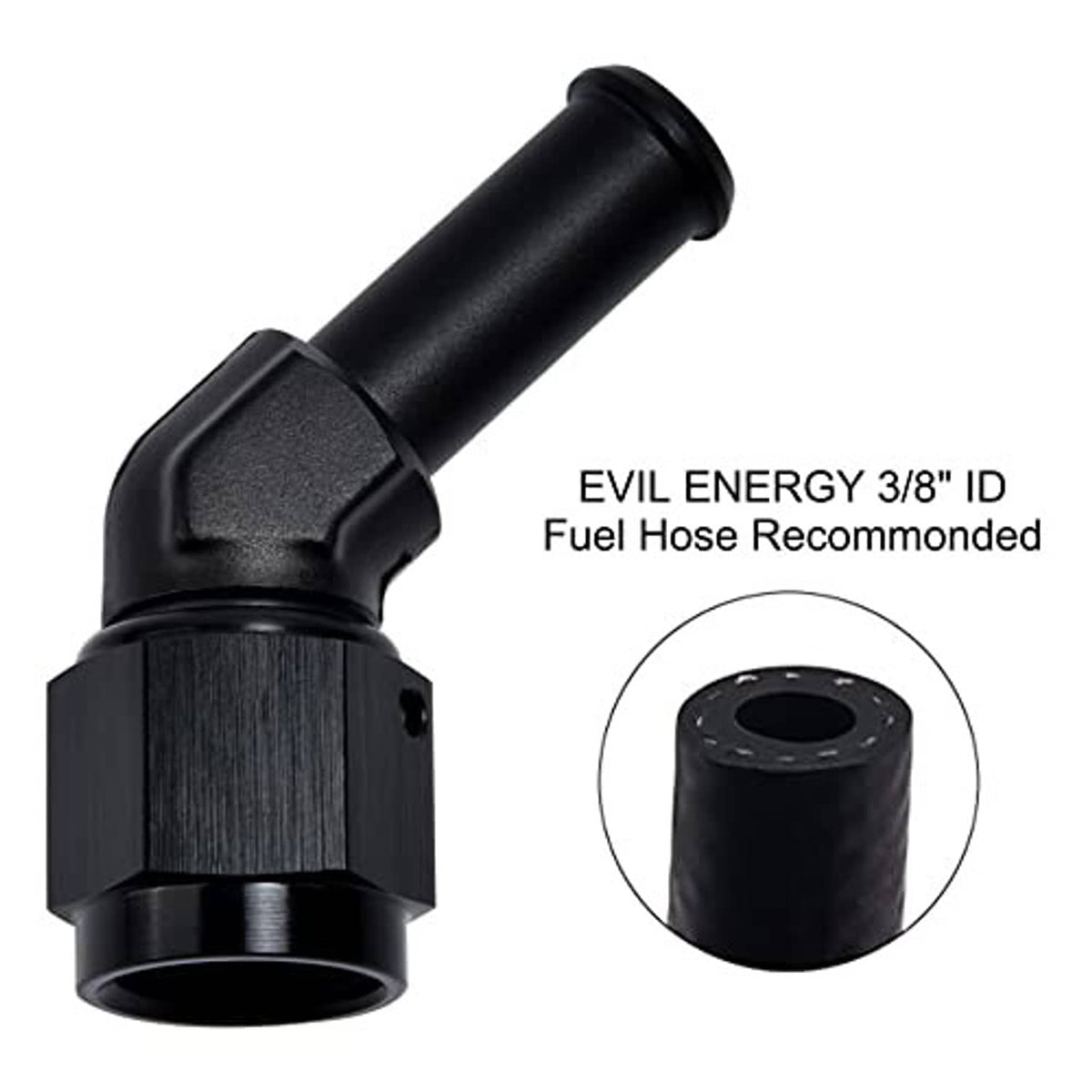 Black 45-degree swivel fitting with 3/8 in ID barb end for fuel hose, female AN inlet.
