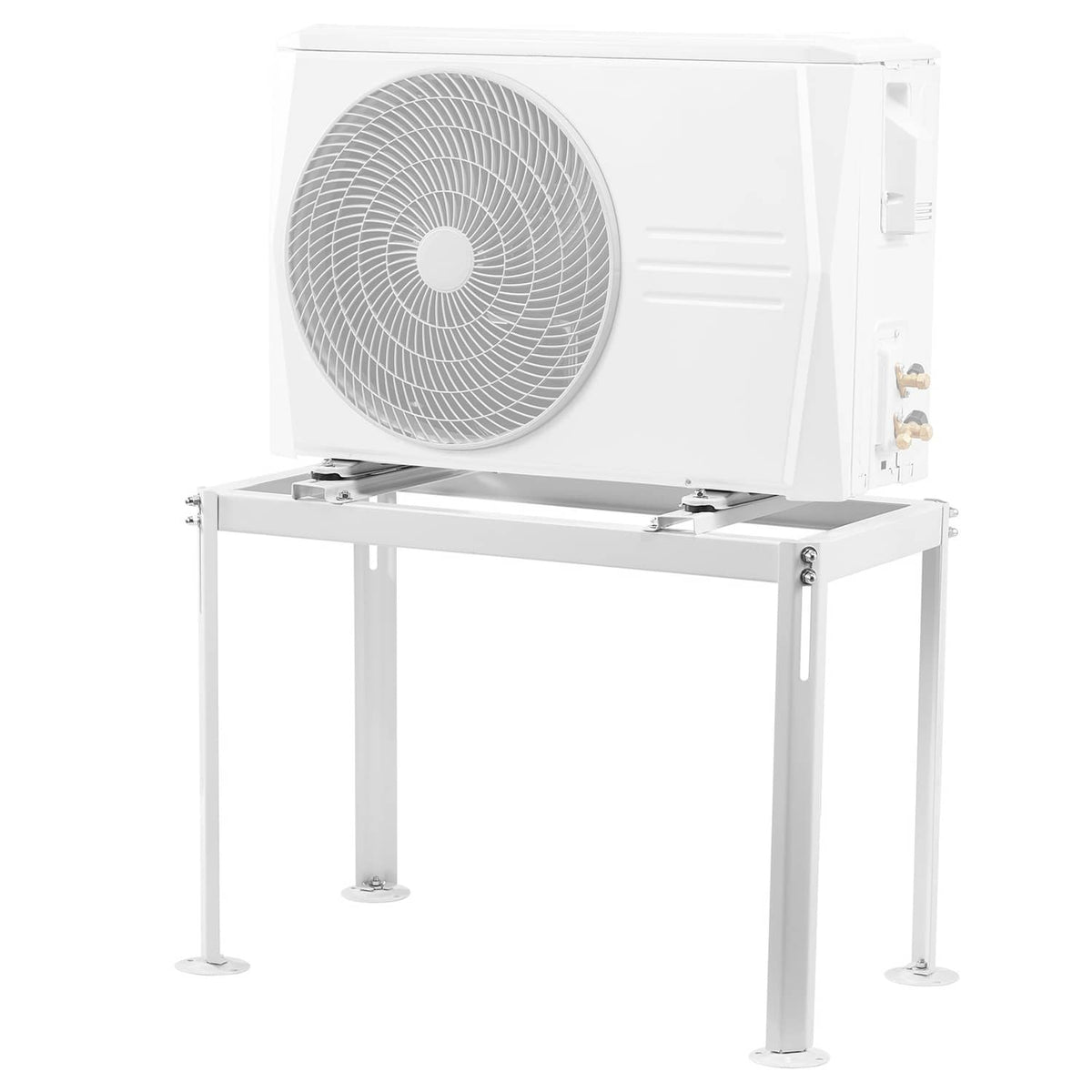 Mini split outdoor unit on adjustable anti-vibration ground stand with four legs, white frame
