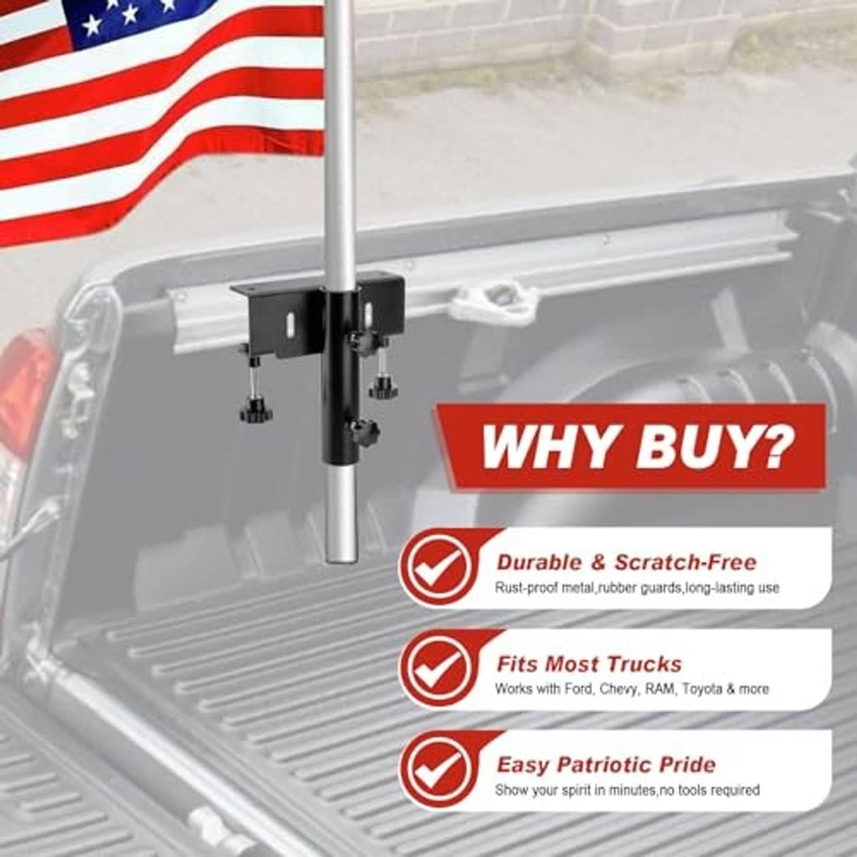 Black flag pole mount bracket installed on truck bed rail with clamp hardware
