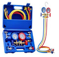 AC manifold gauge set kit with two gauges, blue case, and multicolor hoses with fittings