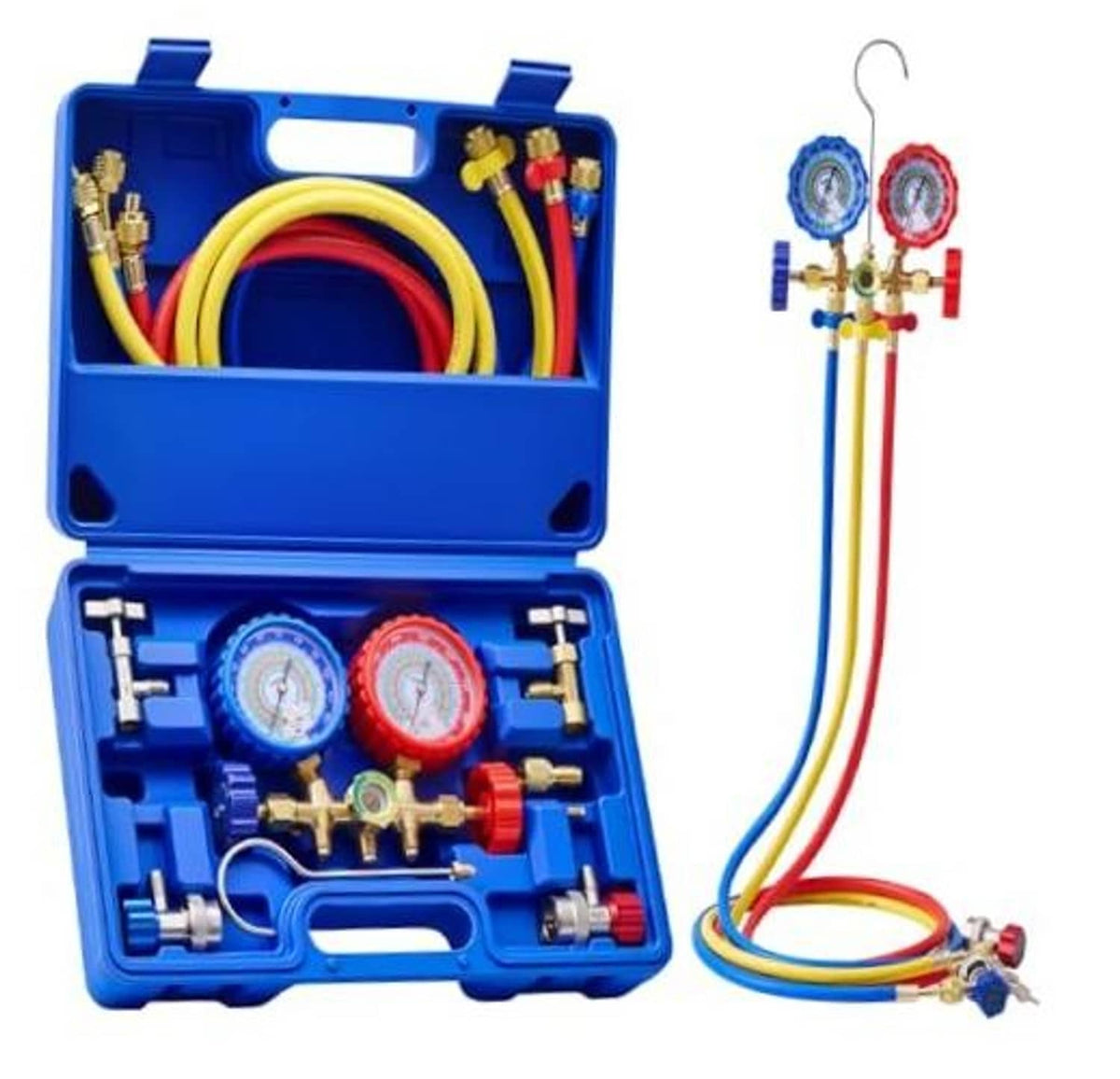 AC manifold gauge set kit with two gauges, blue case, and multicolor hoses with fittings