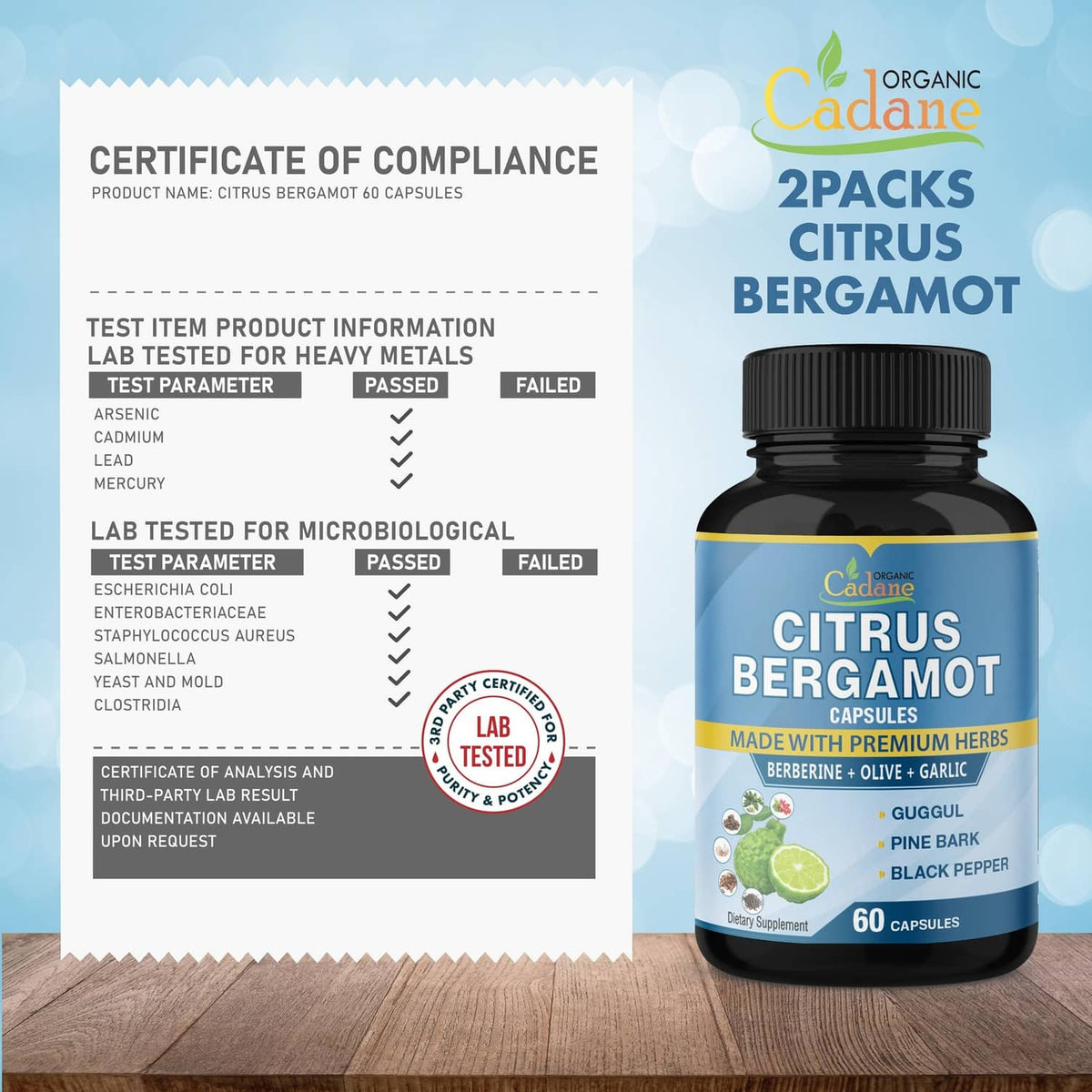 Citrus bergamot capsule bottle beside compliance certificate in test and lab results layout