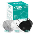 KN95 mask package with 50 count box and assortment of white and black masks.