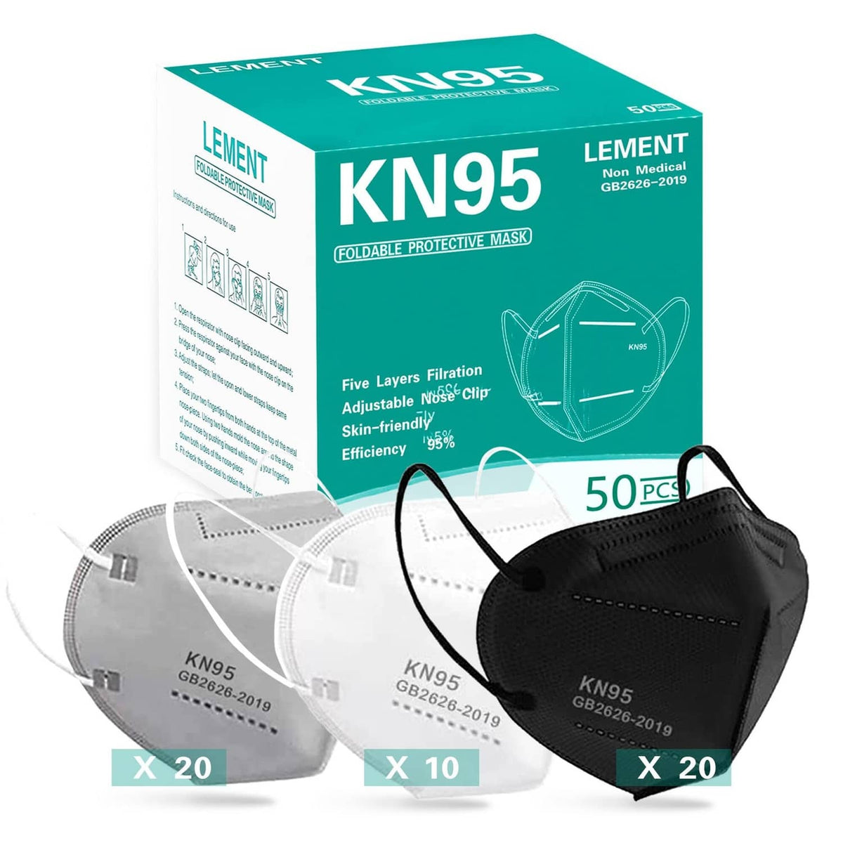 KN95 mask package with 50 count box and assortment of white and black masks.