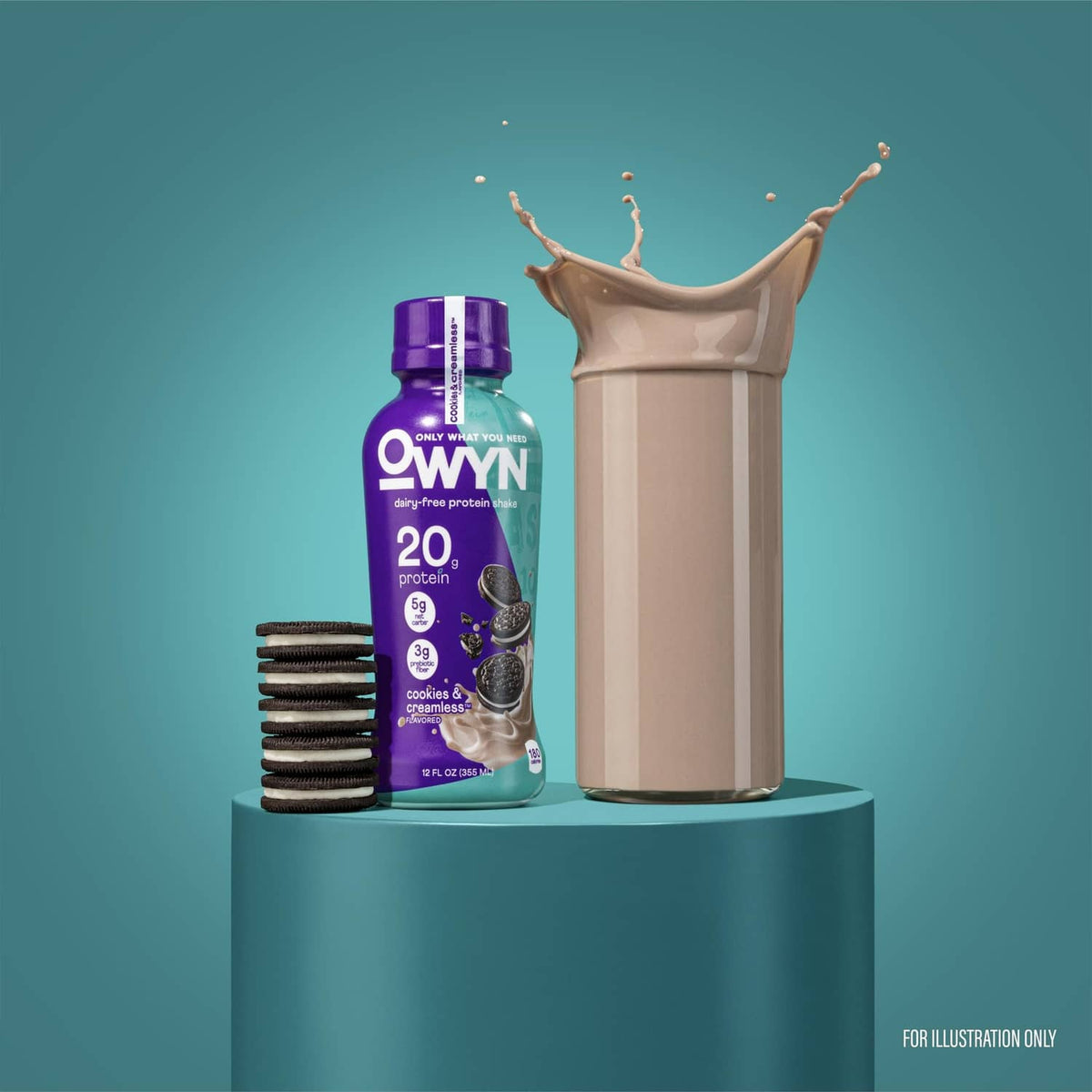 OWYN dairy-free protein shake bottle with cookies & creamless flavor label