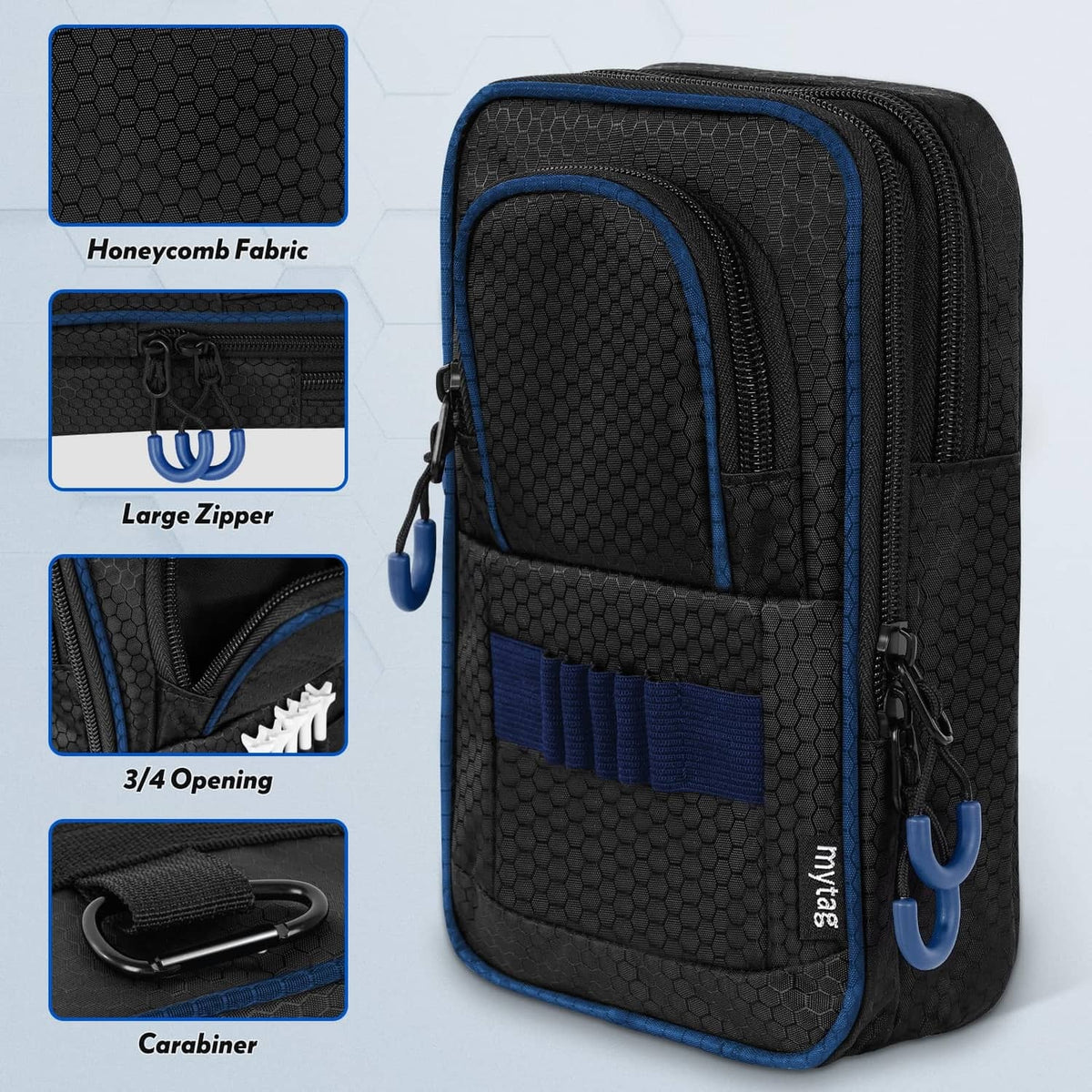 Honeycomb-texture golf ball pouch with large zipper, 3/4 opening and carabiner