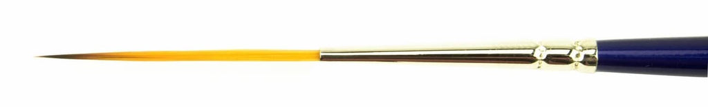 Paintbrush close-up of gold ferrule and navy handle with yellow bristles