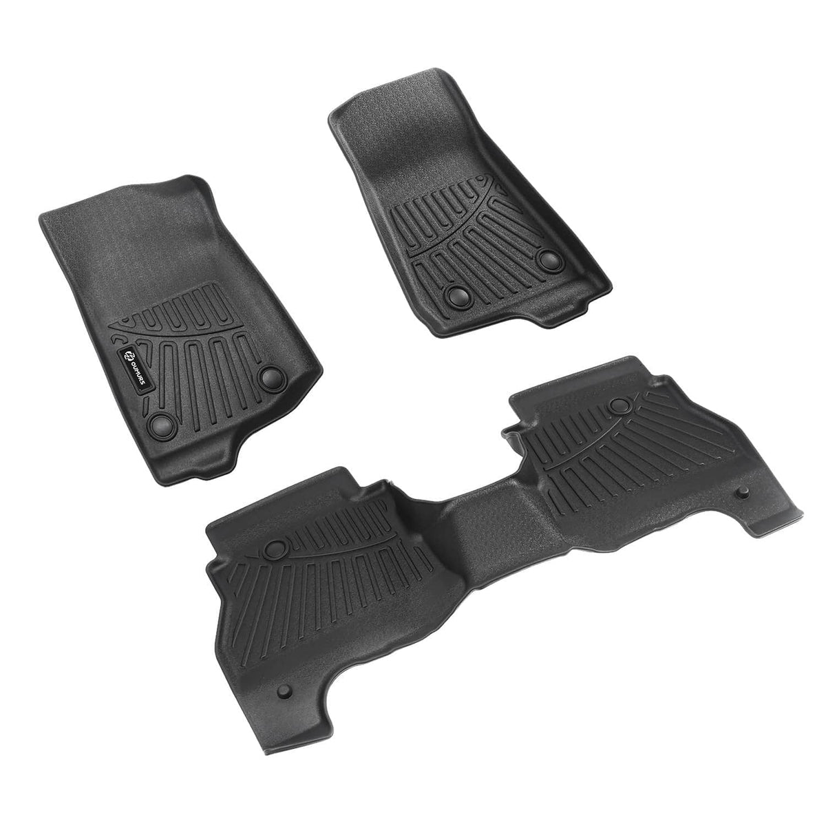 Black 3-piece floor mat set shown separated, with ribbed traction tread pattern