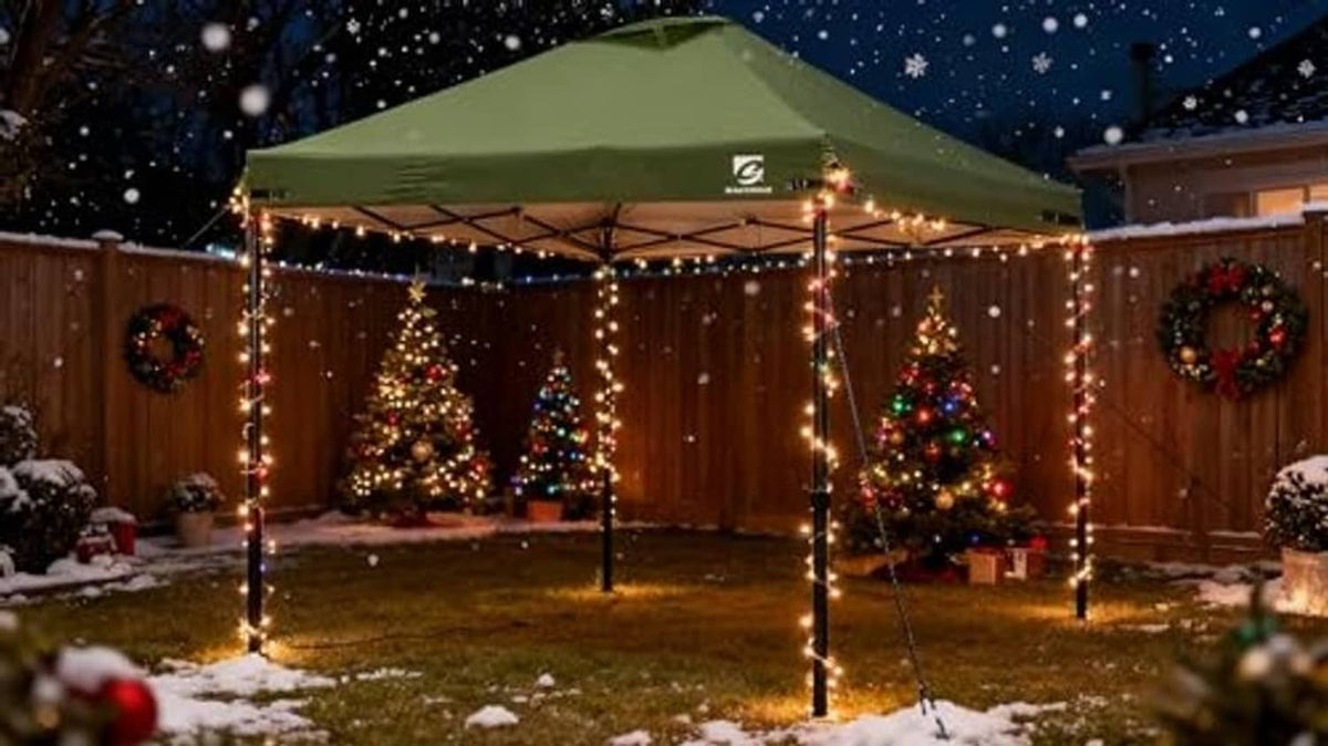 Green pop-up canopy replacement top cover over a backyard setup with string lights