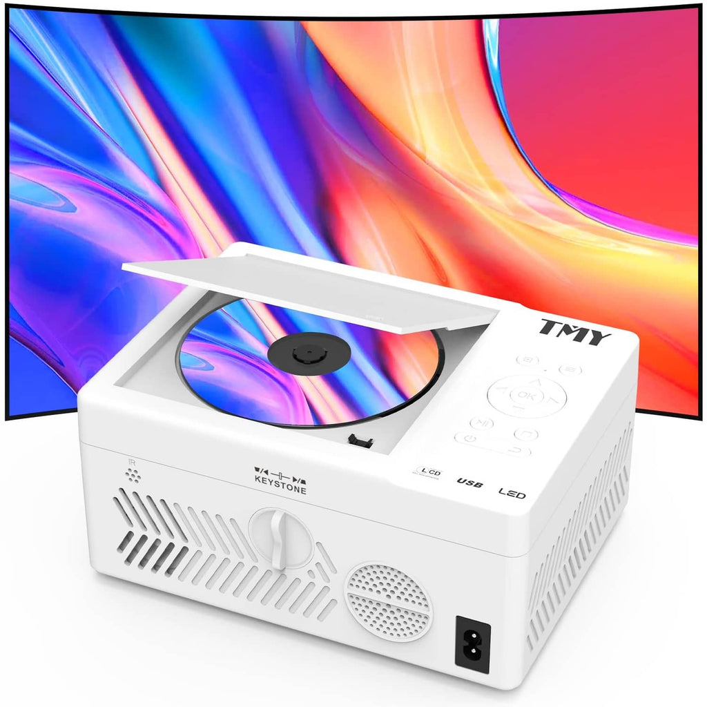 White mini LED projector with DVD player, front panel ports and top lens