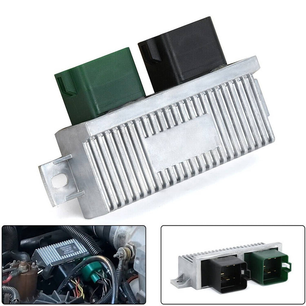 Glow plug control relay module with silver metal body and black/green connector ends