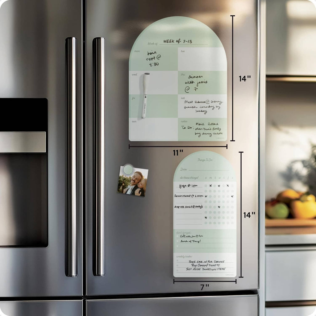 Magnetic calendar planner sheet in sage green with dry-erase weekly layout and tasks