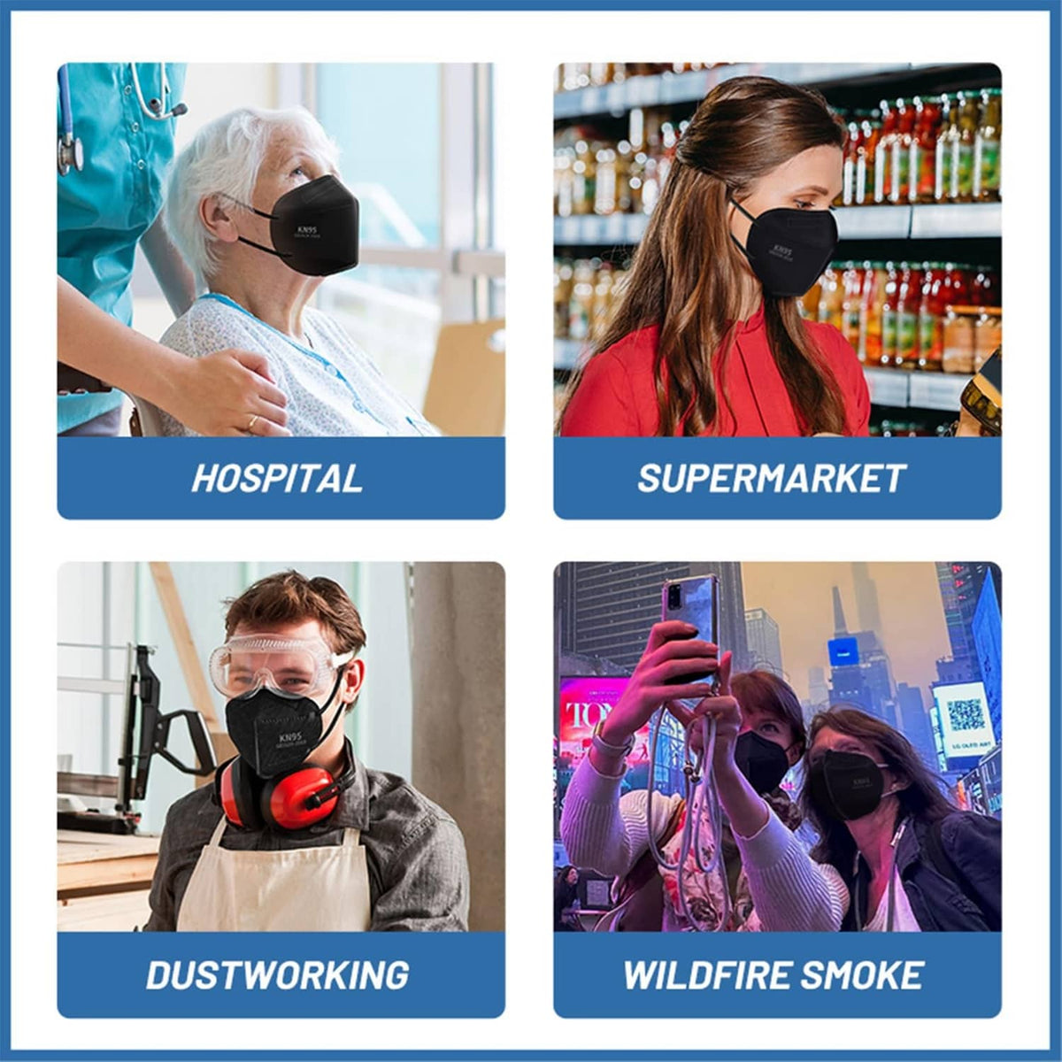 Black KN95 face masks worn by people in multiple everyday settings