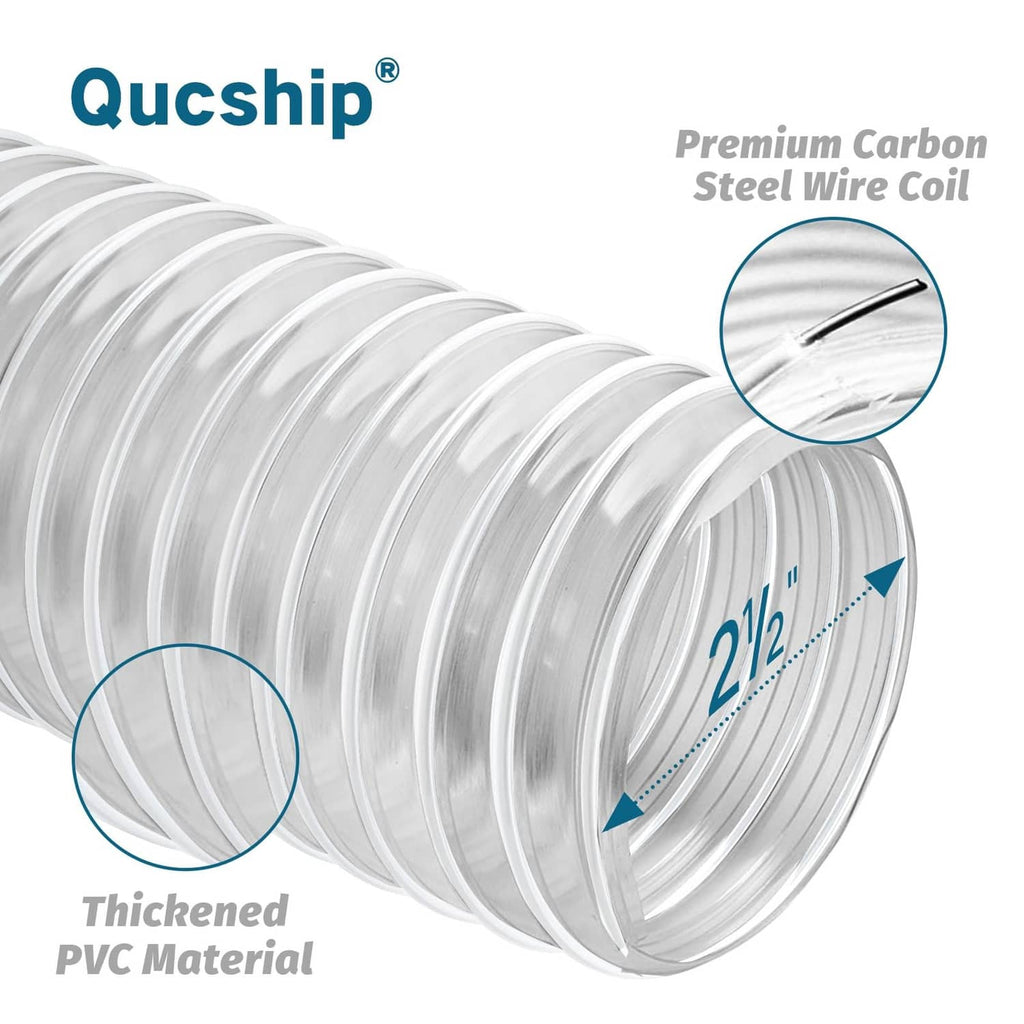Clear PVC dust collection hose coil showing thicker PVC material and wire coil detail