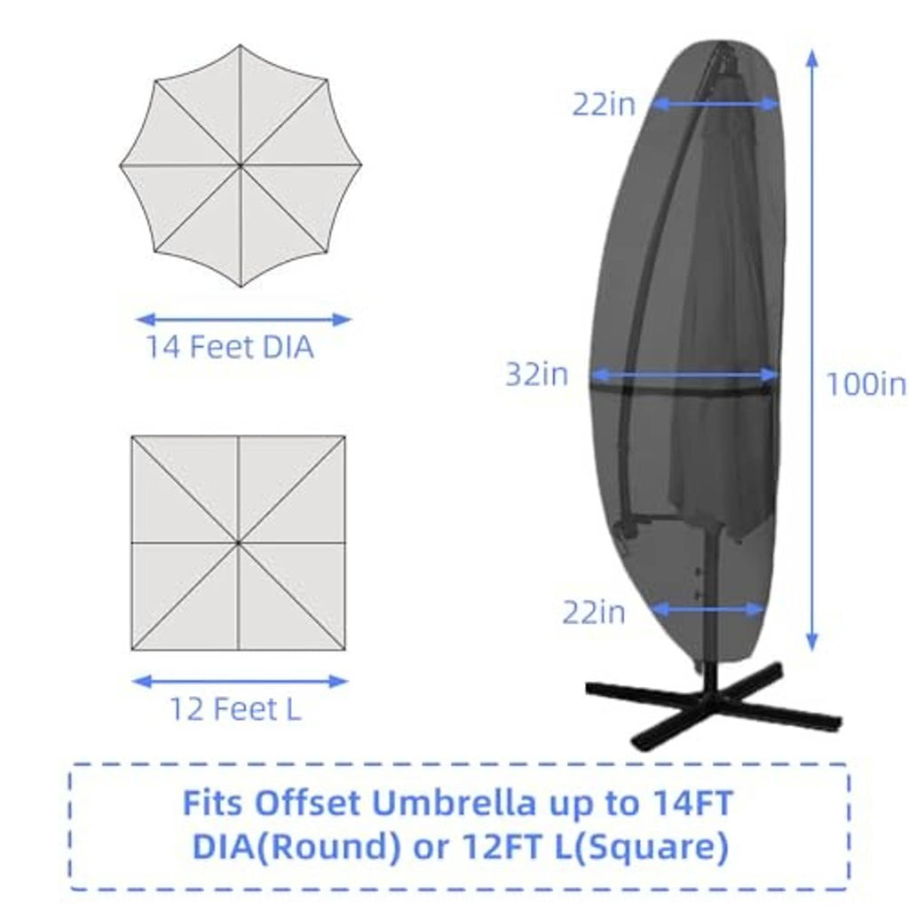 Black umbrella cover size chart with 14 ft round diameter and 12 ft L square fit