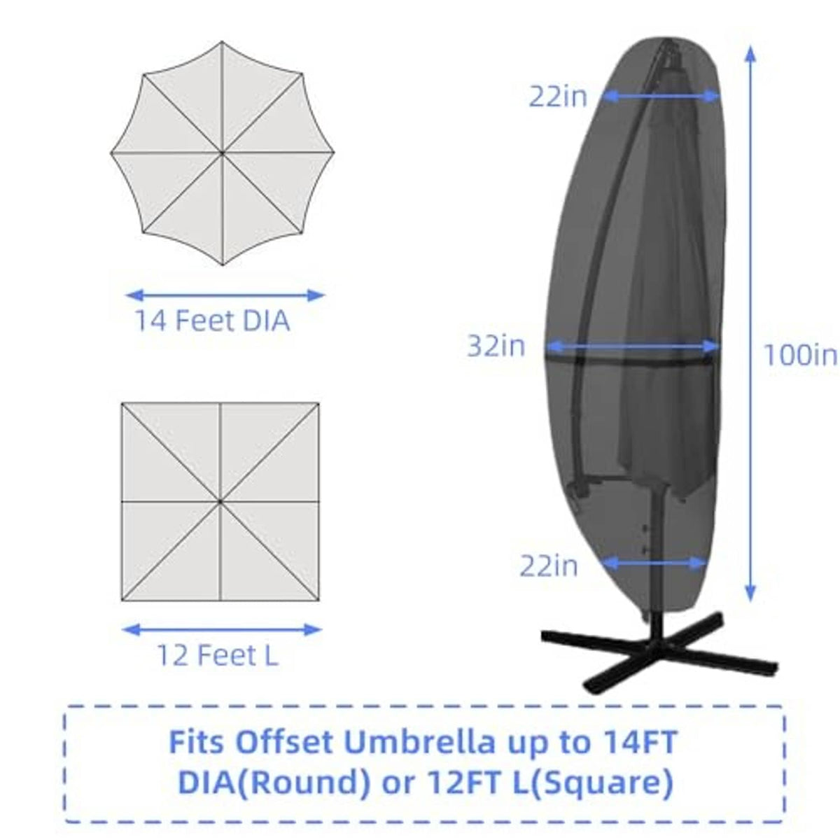 Black umbrella cover size chart with 14 ft round diameter and 12 ft L square fit